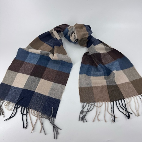Men's 100% Cashmere Plaid Scarf in Blue and Brown- Scotland
